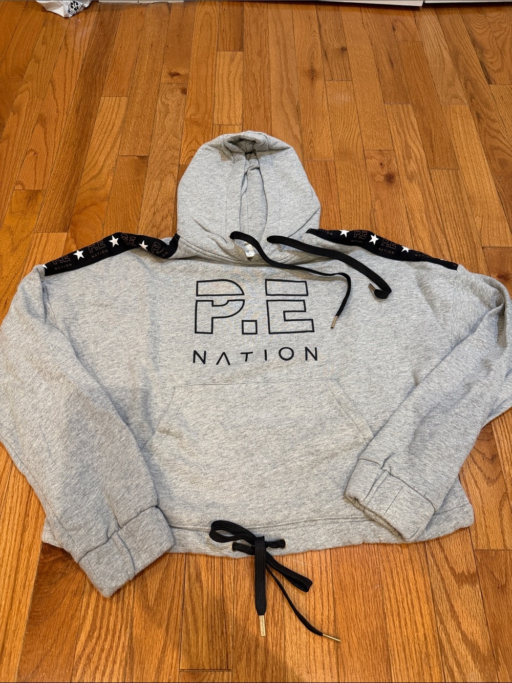 PE Nation x H&M Grey Boxy Cropped Hoodie with Pockets & Bottom Tie, Size S